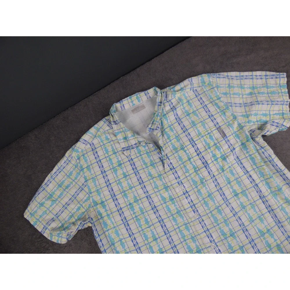Columbia PFG Mens Blue Green Fish Print Short Sleeve Button Down Shirt XL - Picture 3 of 9